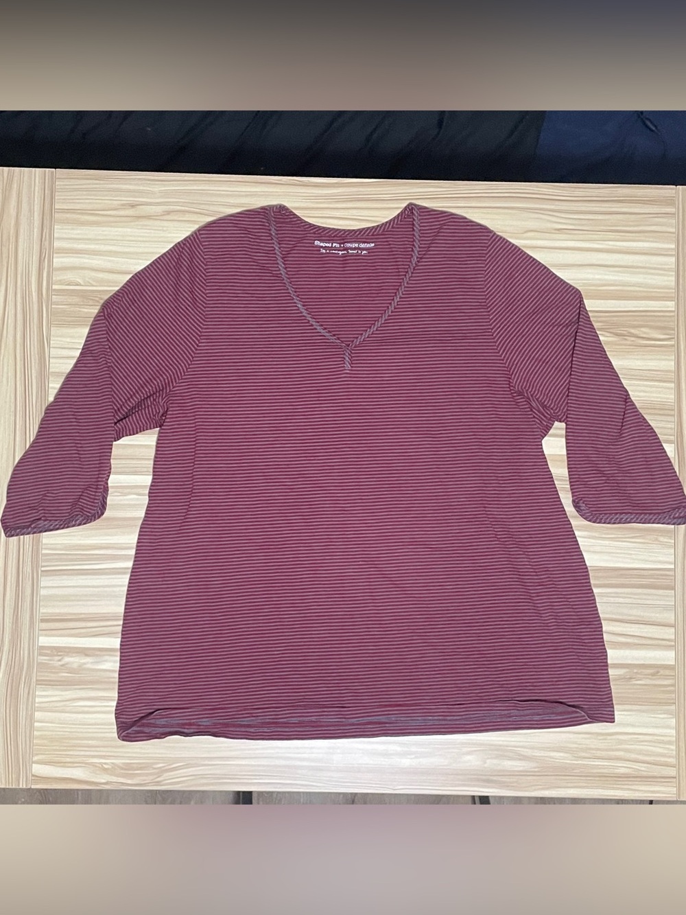 Striped V-Neck Long Sleeve Top - Burgundy